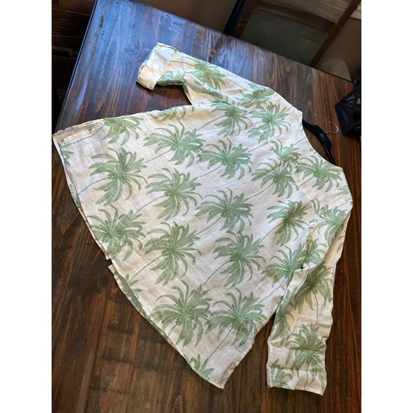 Tahari 100% Linen Palm Tree Print Button Down Blouse Green White Roll Tab 2X - Picture 10 of 10